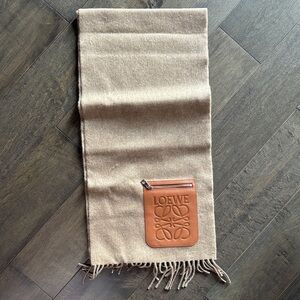 Loewe Beige Wool Scarf with Brown Leather Pocket